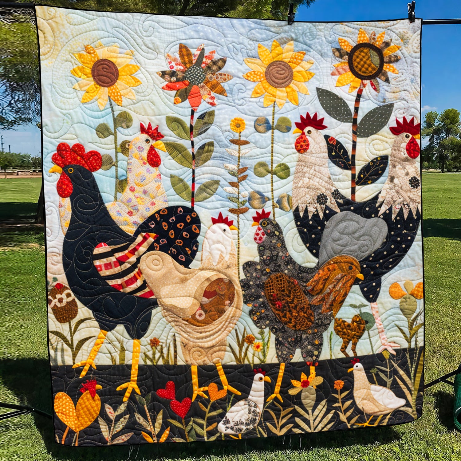 Sunny Chickens Quilted Blanket Chicken Lover Presents