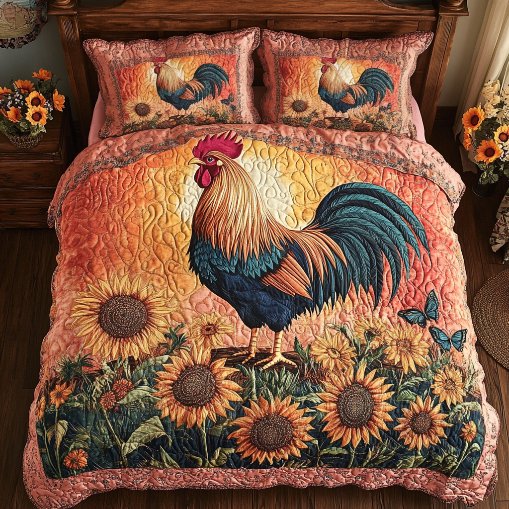 Sunny Cock Quilted Bedding Set Cozy Bedroom Decor Presents For Chicken Owners