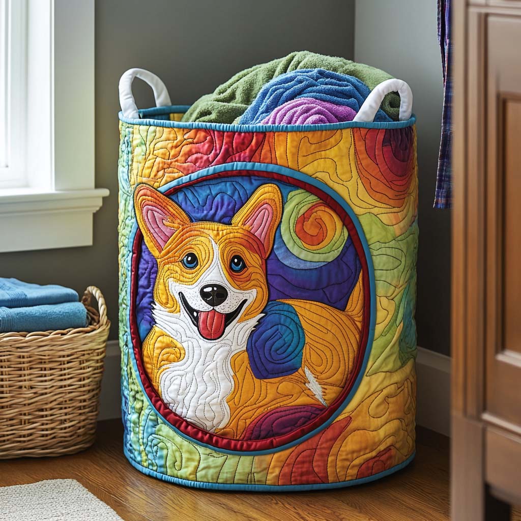 Sunny Corgi Quilted Laundry Basket Father's Day Merch Gift