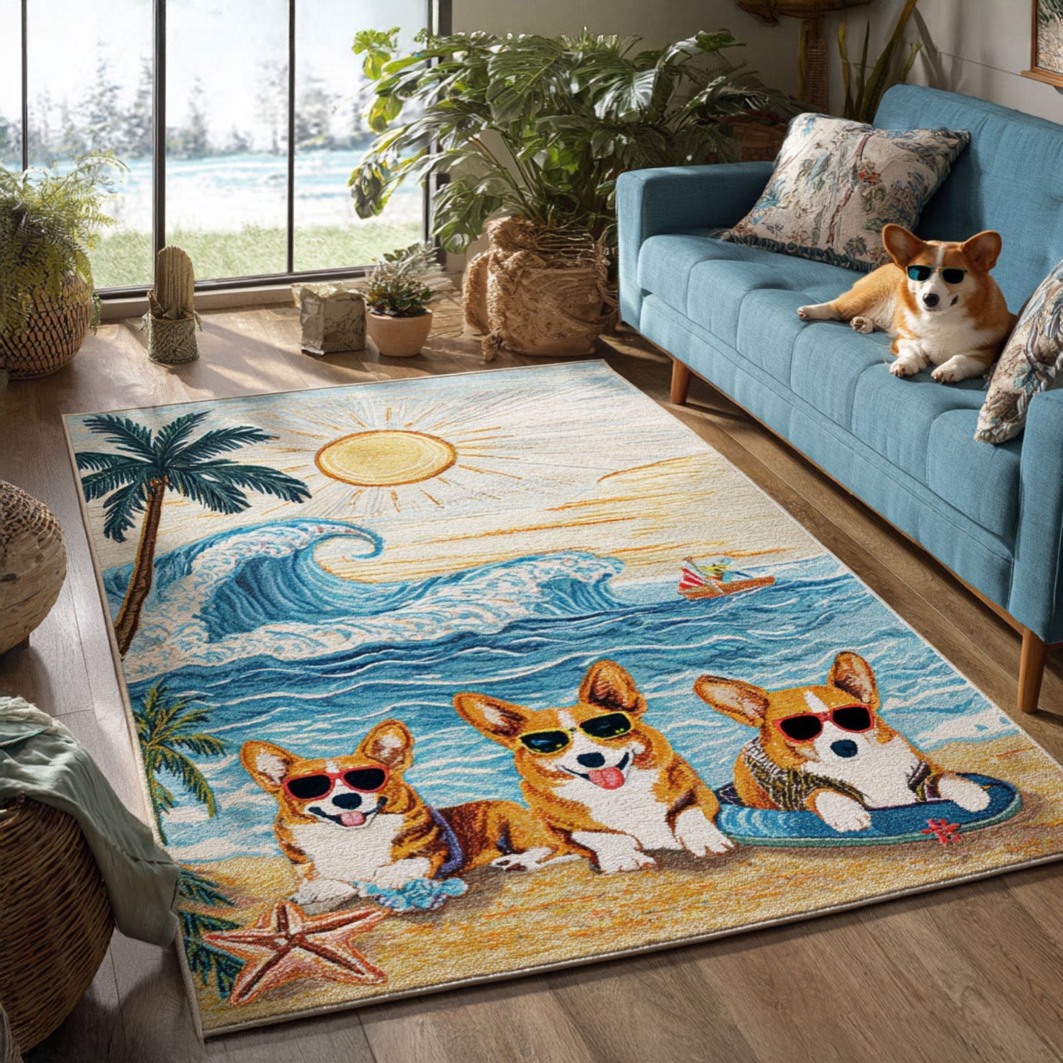 Sunny Day Corgi Area Rug  Kitchen Rugs Christmas Gifts For Coworkers