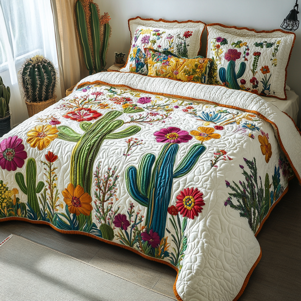 Sunny Garden Quilted Bedding Set Bed Room Decoration Cactus Themed Birthday Presents