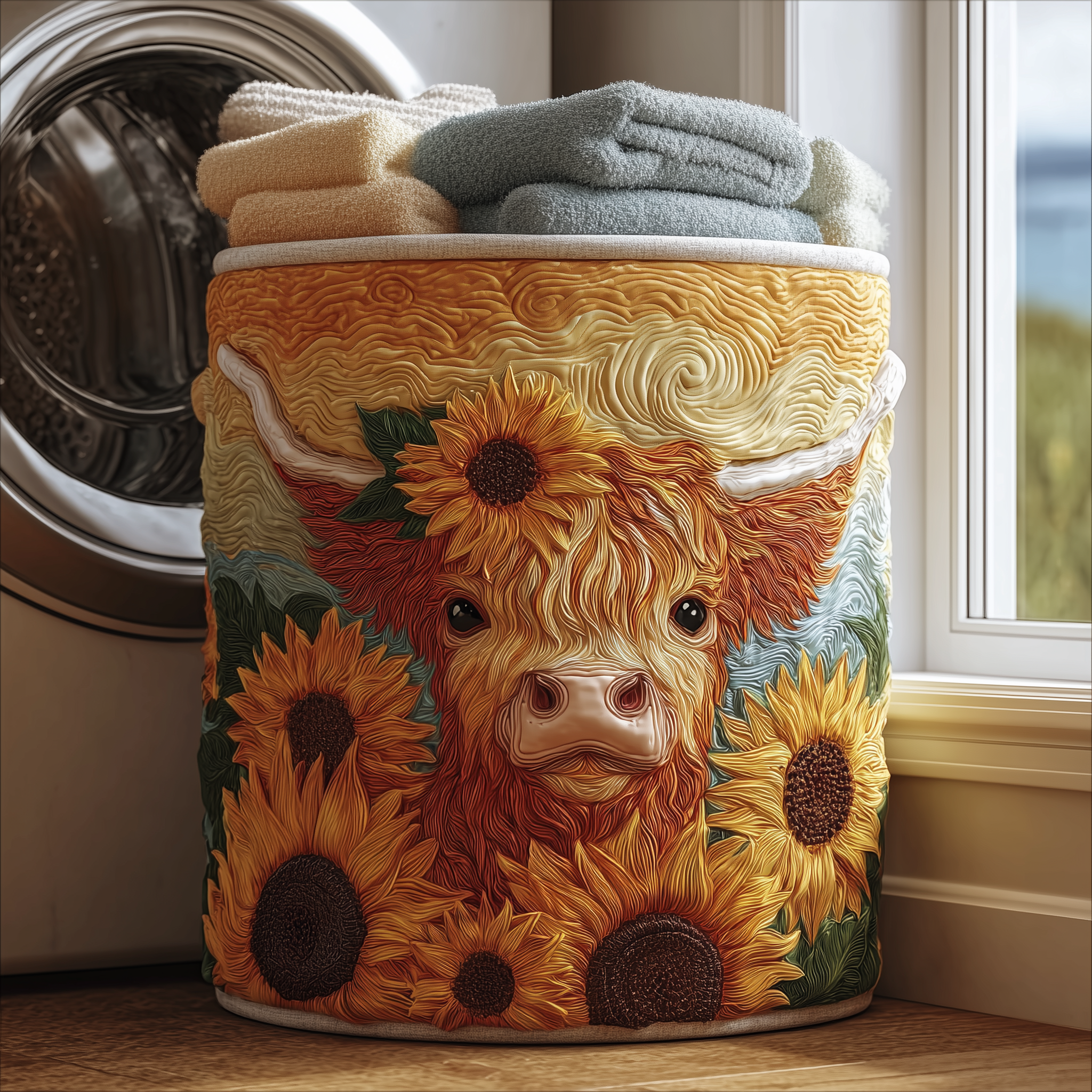 Sunny Highland Cow Quilted Laundry Basket Father's Day Merch Gift
