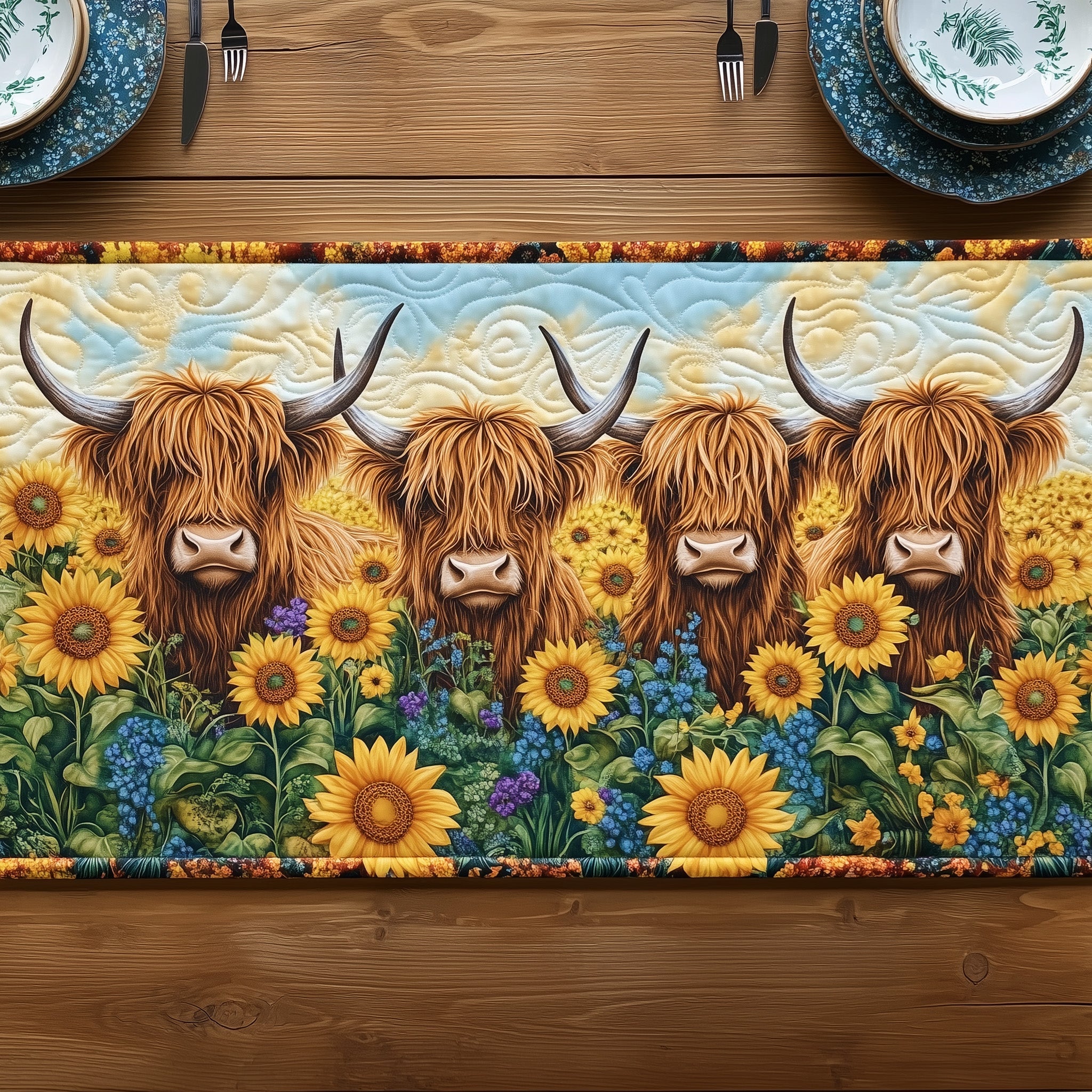 Sunny Highland Moo Quilted Table Runner Christmas Table Runner