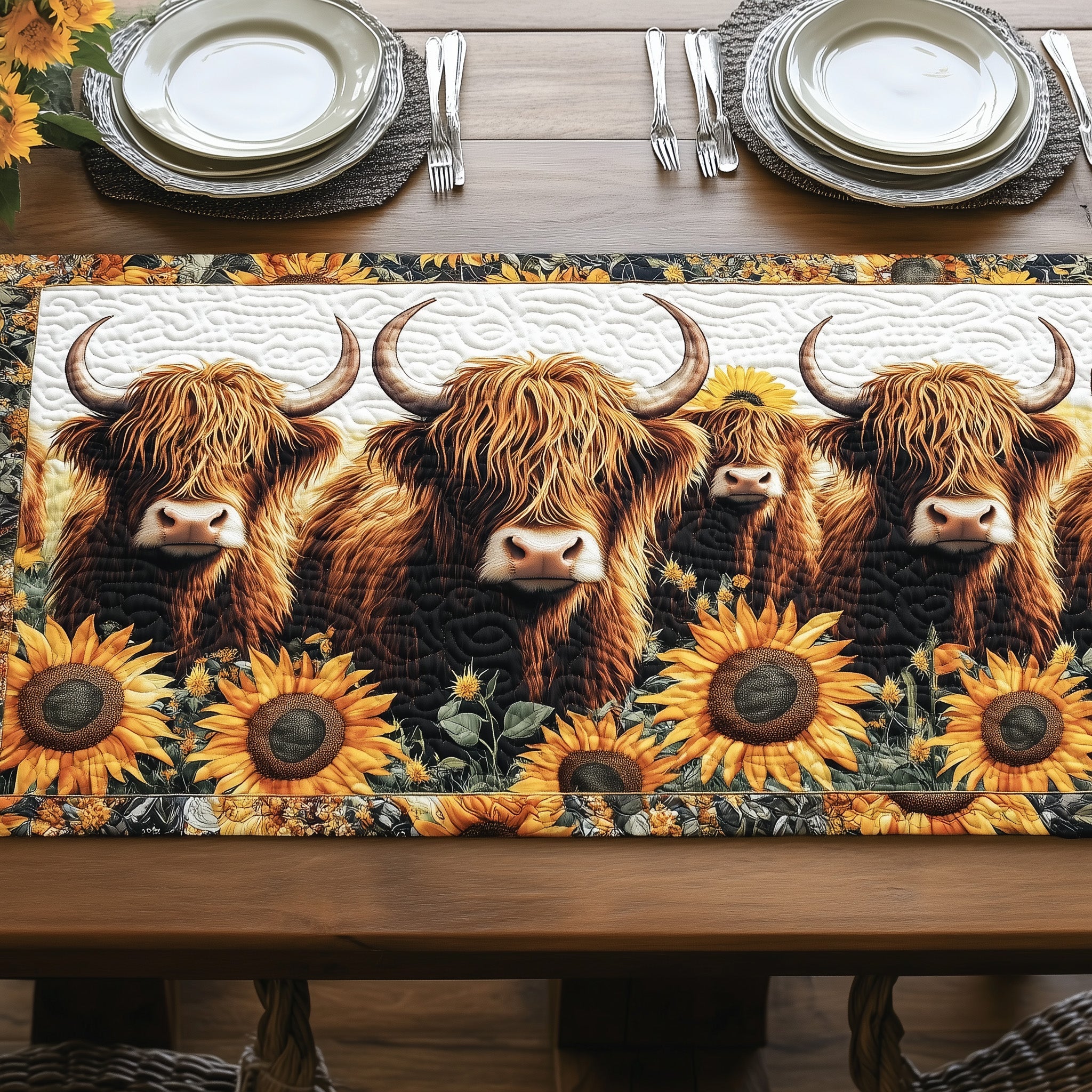 Sunny Highland Moo Quilted Table Runner Holiday Season Table Runner