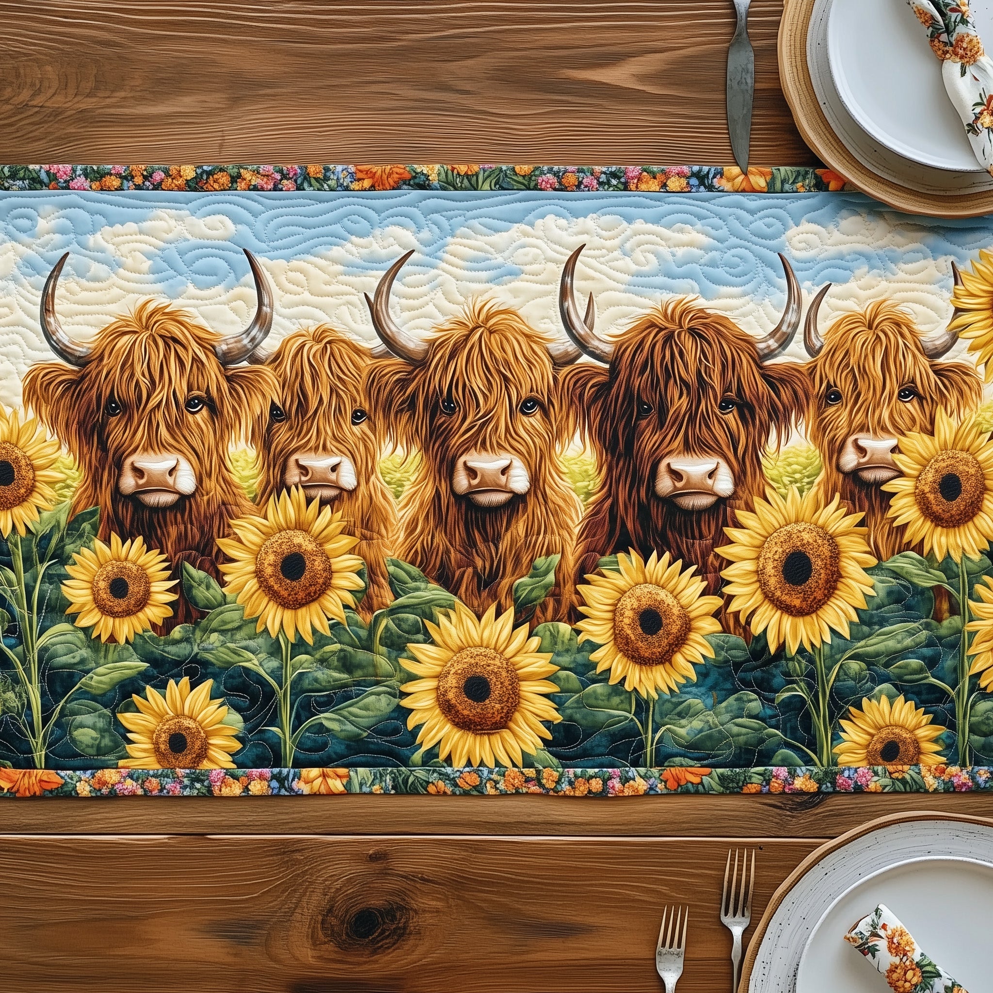 Sunny Highland Moo Quilted Table Runner Holiday Table Runner Decoration