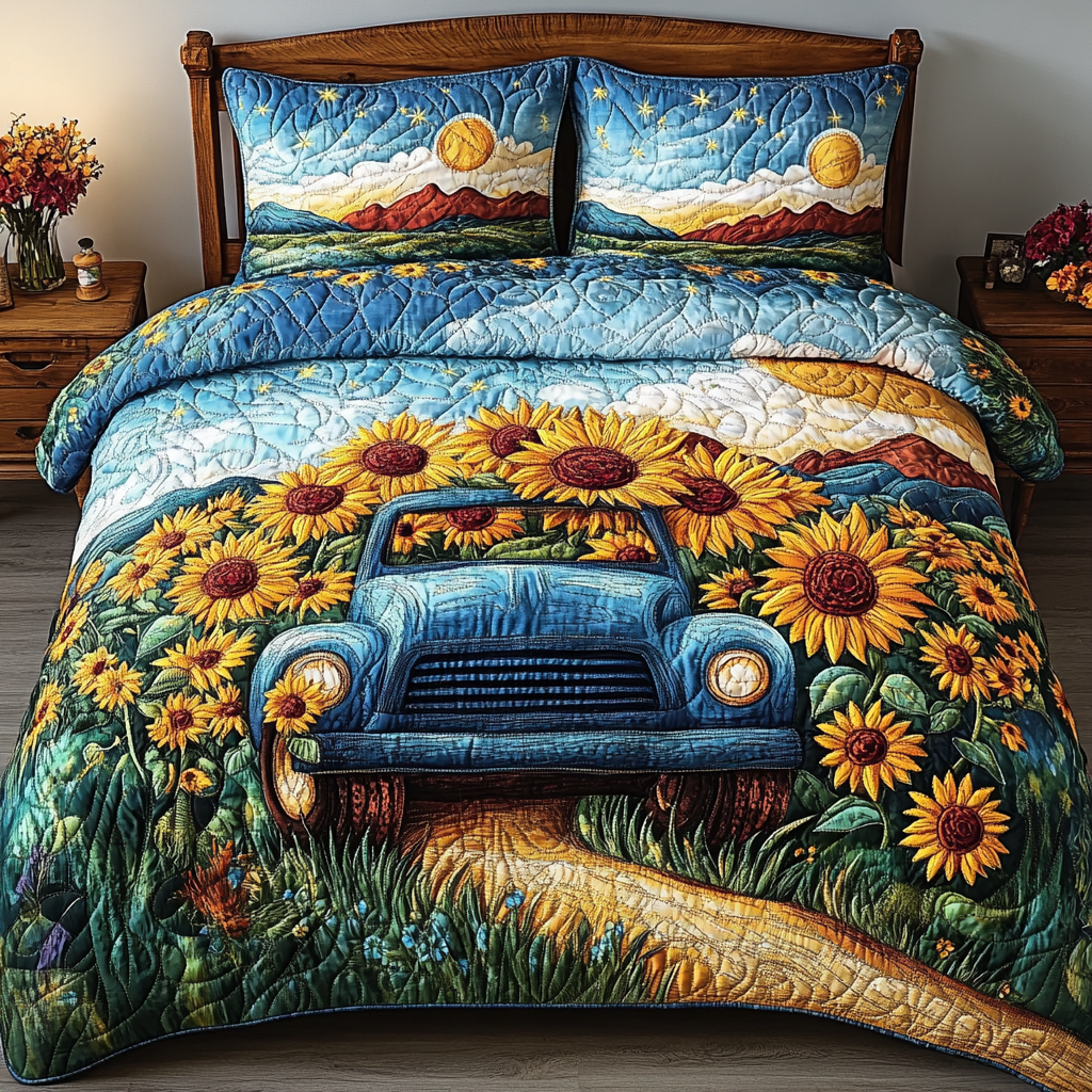 Sunny Journey Quilted Bedding Set Holiday Duvet Covers Sunflower Presents Merchandise