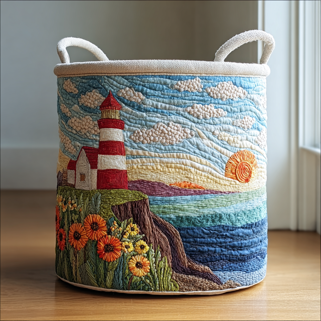 Sunny Lighthouse Quilted Laundry Basket Unique Quilted Basket Gift for Holiday Season 2025