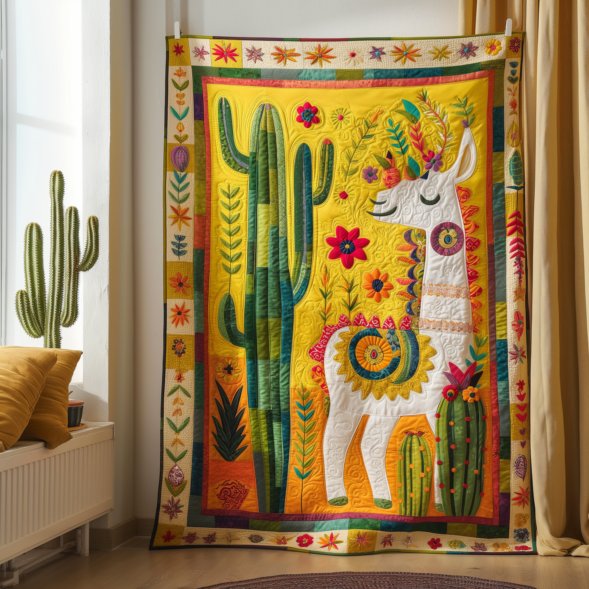 Sunny Llama Cactus Quilted Blanket Cute Christmas Blankets