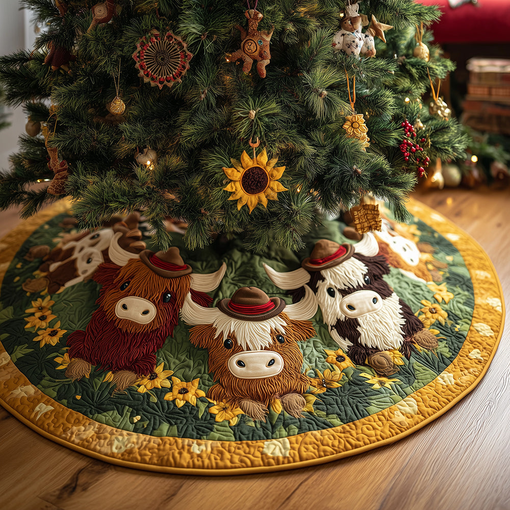 Sunny Moo Crew Christmas Quilted Tree Skirt Xmas Indoor Decorations Highland Cow Gift Ideas