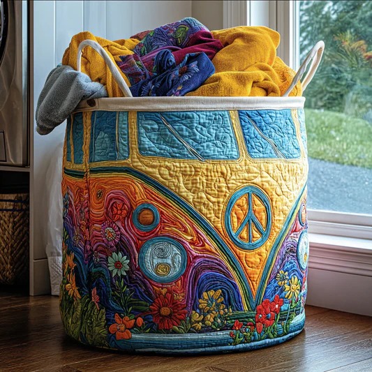 Sunny Peace Sign Hippie Quilted Laundry Basket Retro Boho Home Decor Best Gift For Peace Lovers
