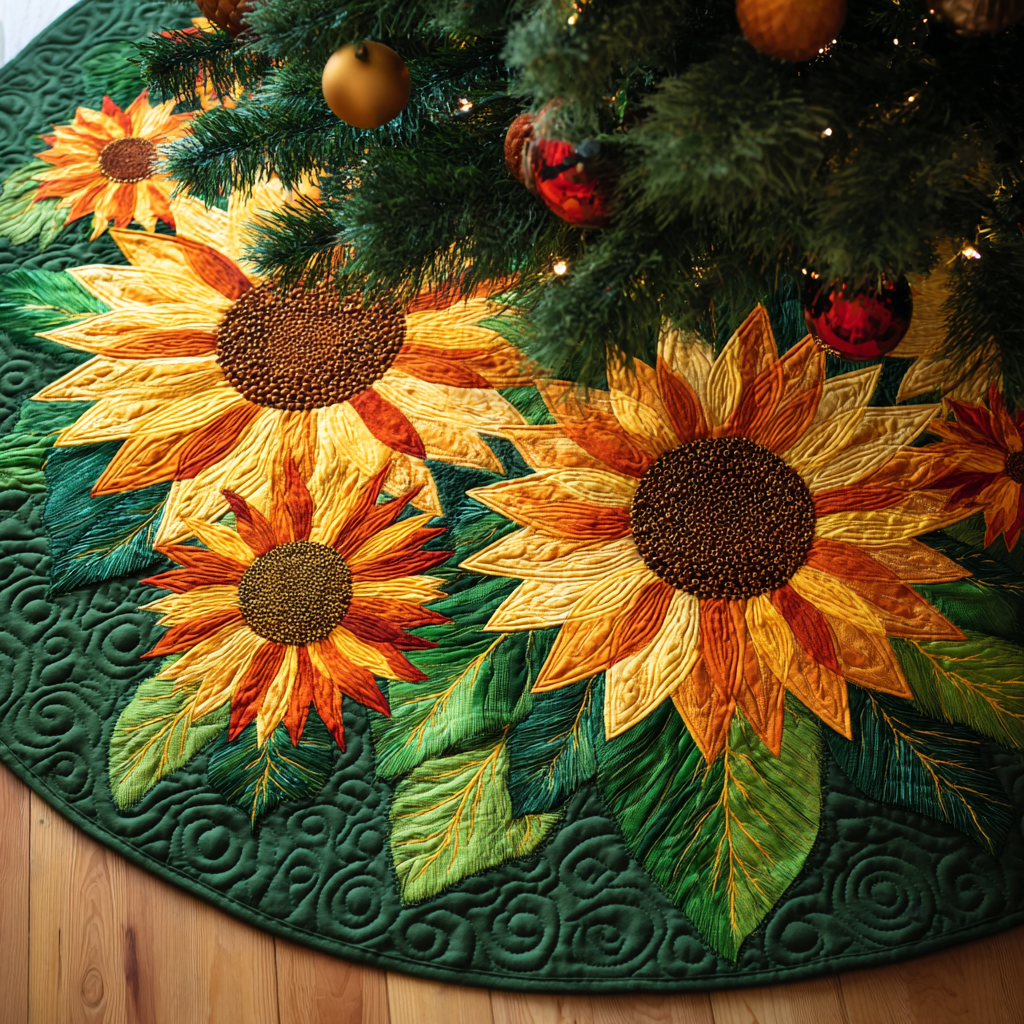 Sunny Petals Christmas Quilted Tree Skirt Perfect Housewarming Gift with Quilted Tree Skirt