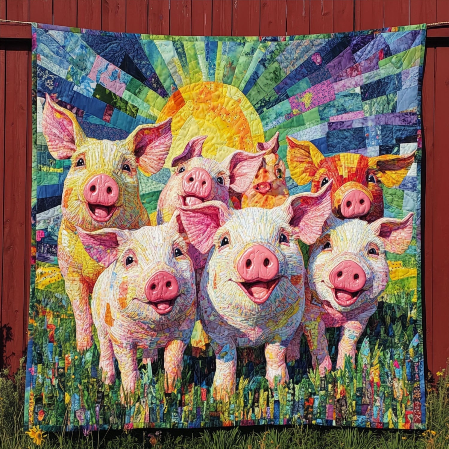 Sunny Pig Parade Quilted Blanket Cool Throw Blanket Pig Lovers Gifts For Her