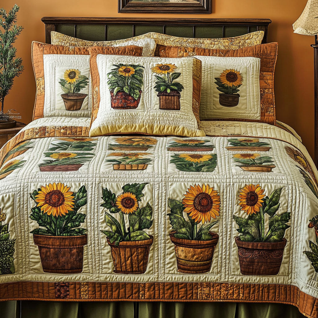 Sunny Pots Quilted Bedding Set Bed Room Decoration Sunflower Presents