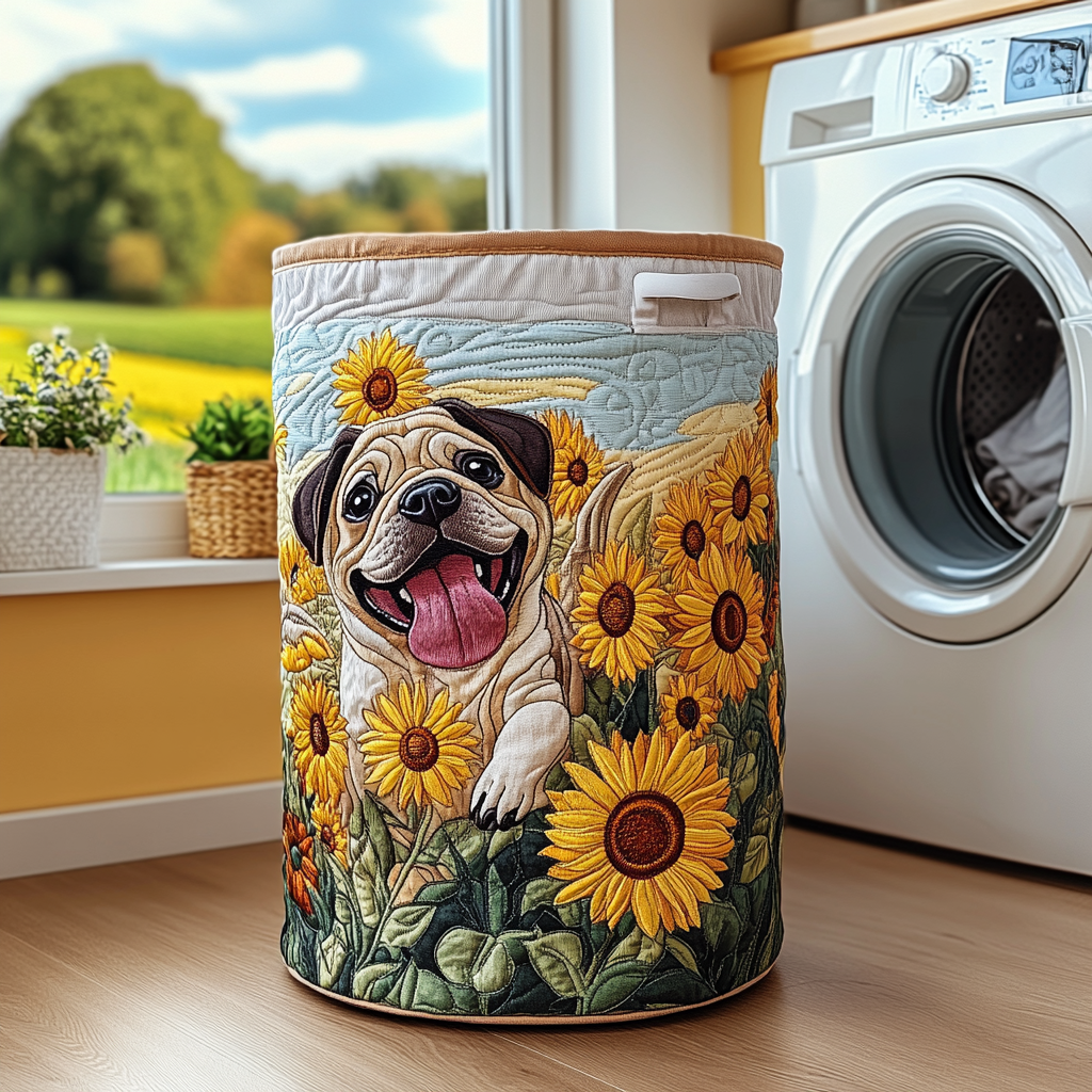 Sunny Pug Quilted Laundry Basket Merch For Couples