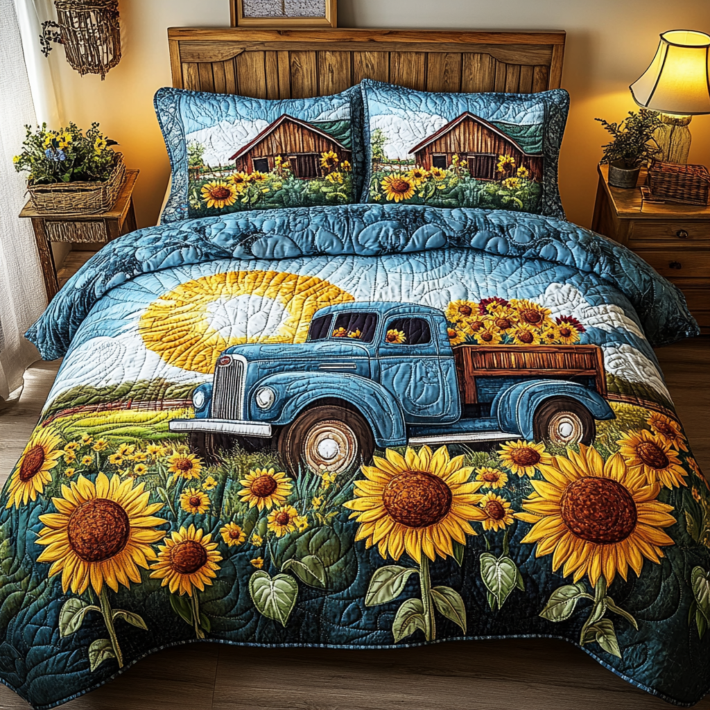 Sunny Ride Quilted Bedding Set Bedroom Decorations Sunflower Items For Gifts