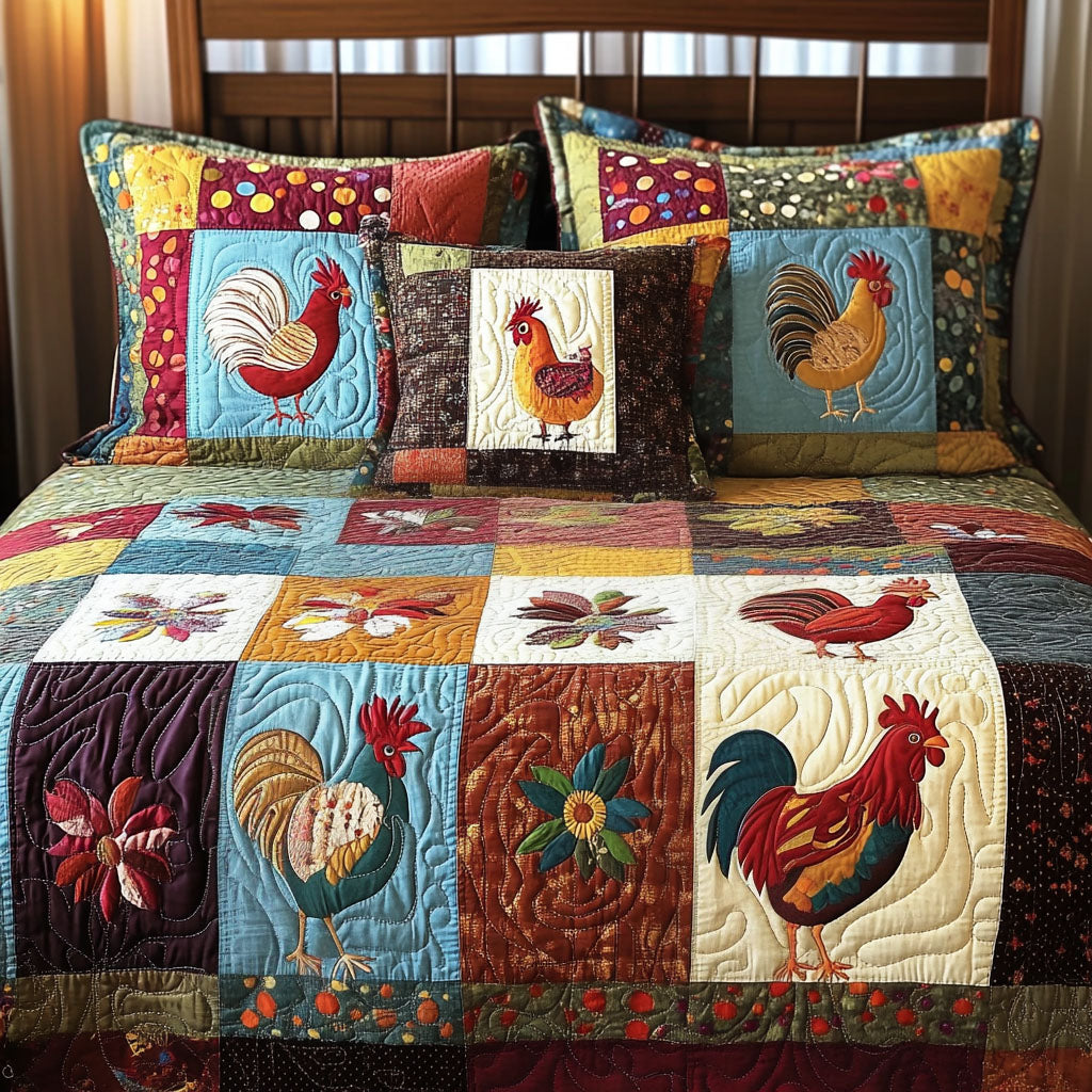 Sunny Rooster Quilted Bedding Set Bedspread Set Presents For Chicken Owners