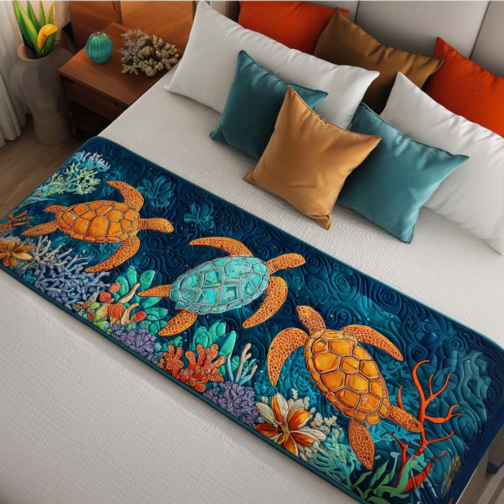 Sunny Turtle Days Quilted Bed Runner Bedroom Decorations Sea Turtle Gifts For Her