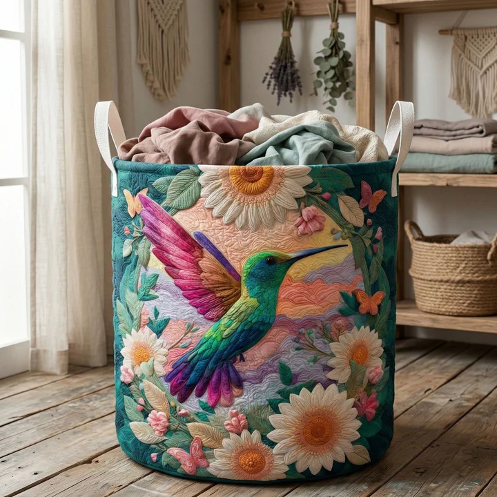 Sunrise Bloom Wildflower Quilted Laundry Basket Boho Floral Home Decor Best Gift For Flower Lovers