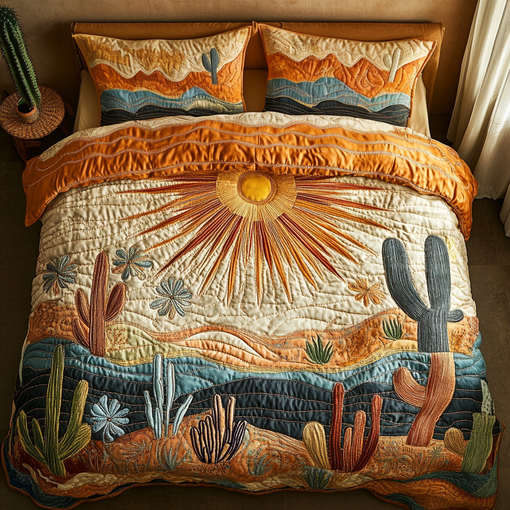Sunrise Cactus Quilted Bedding Set Holiday Season Duvet Cover Set Cactus Gifts For Her