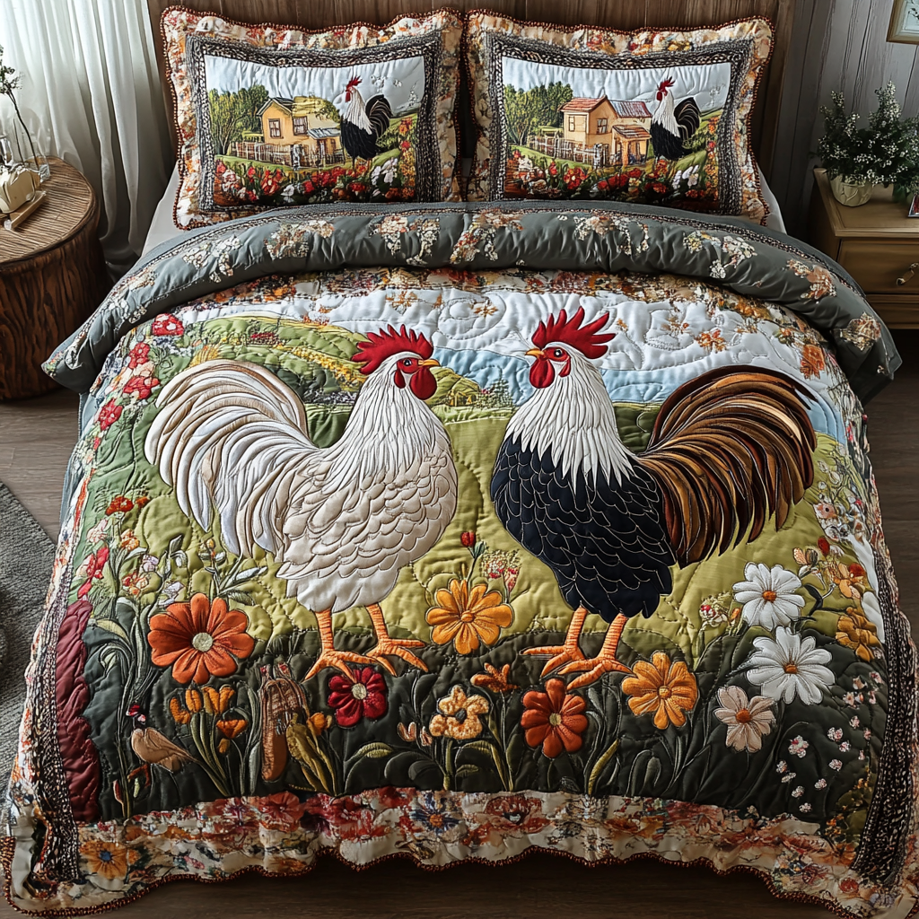 Sunrise Cluck Quilted Bedding Set Holiday Duvet Cover Set Best Gifts For Chicken Owners
