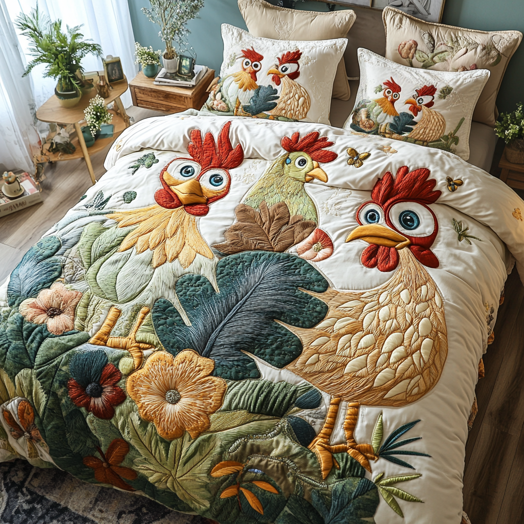 Sunrise Coop Quilted Bedding Set Cool Bedroom Decor Chicken Gifts For Him Her