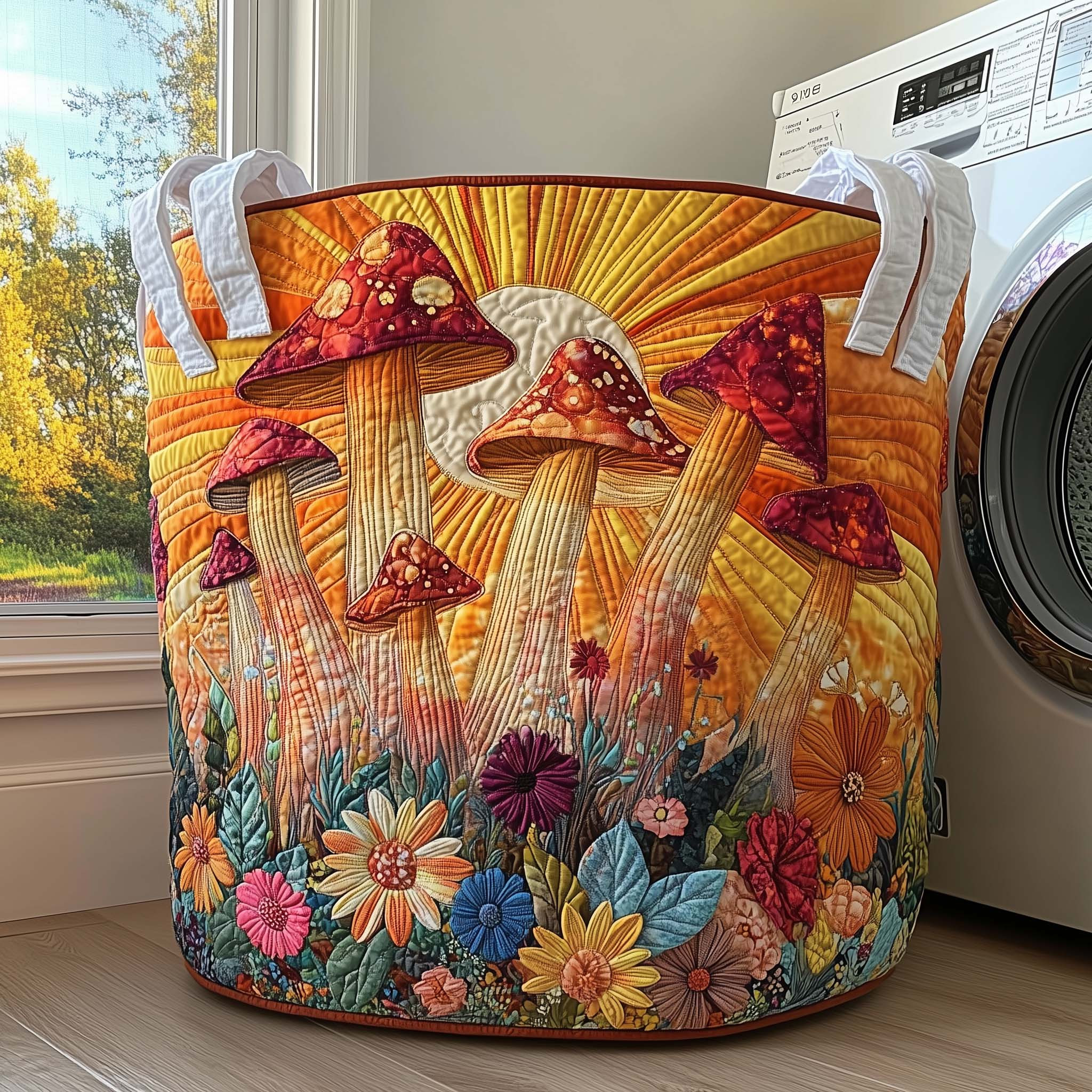 Sunrise Grove Quilted Laundry Basket Floral Home Decor Mushroom Lover Gifts