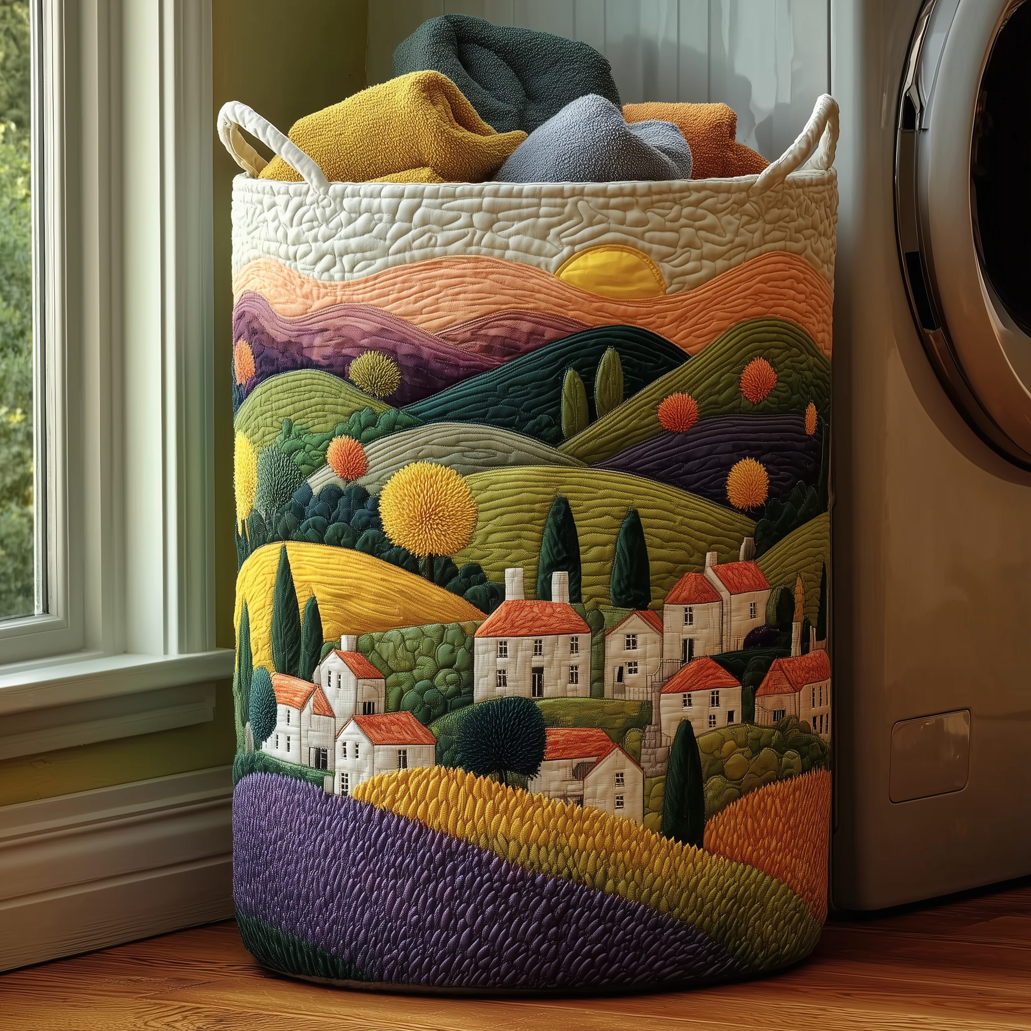 Sunrise In Village Quilted Laundry Basket Back To School Merch