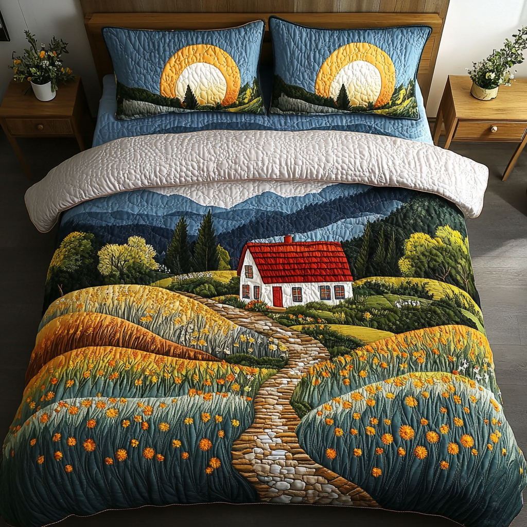 Sunrise Over The Hills Quilted Bedding Set Cute Farmhouse Bedroom Ideas Great Family Gifts