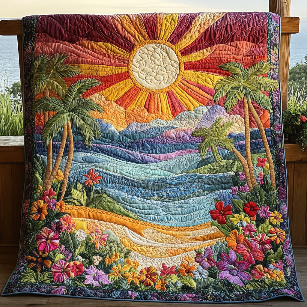 Sunrise Palms Quilted Blanket Best Throw Blanket Unique Gifts For Nature Lovers