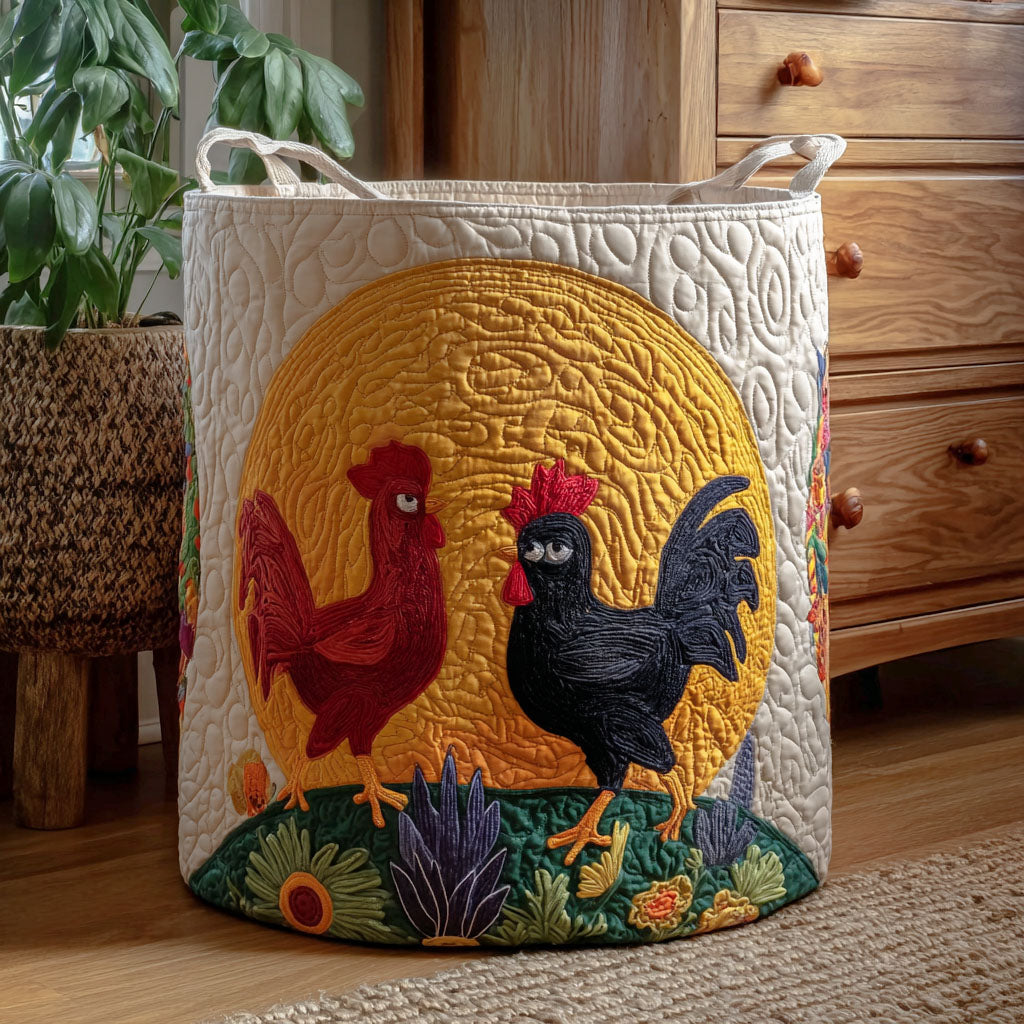 Sunrise Roosters Quilted Laundry Basket Practical Quilted Laundry Hamper Gift for Daily Use