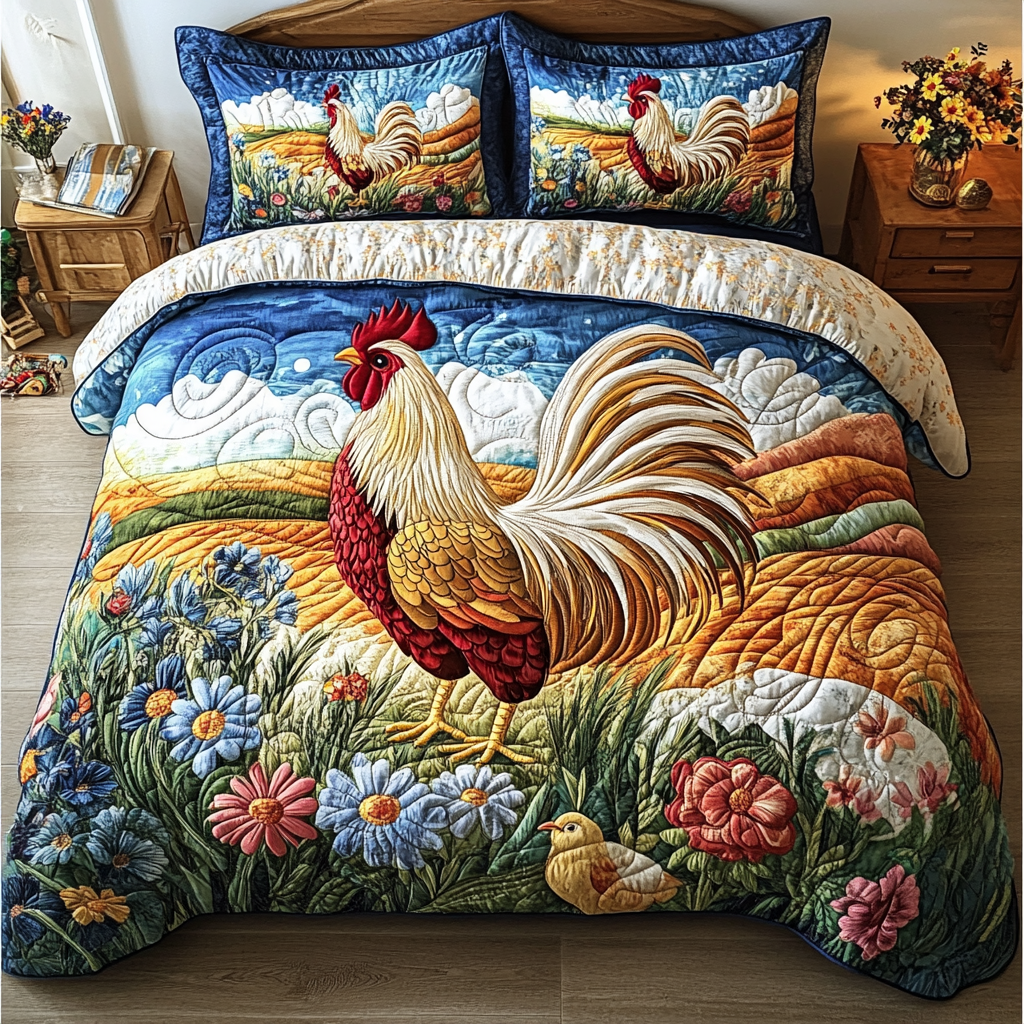 Sunrise Serenade Quilted Bedding Set Bed Decor Best Gifts For Chicken Lovers