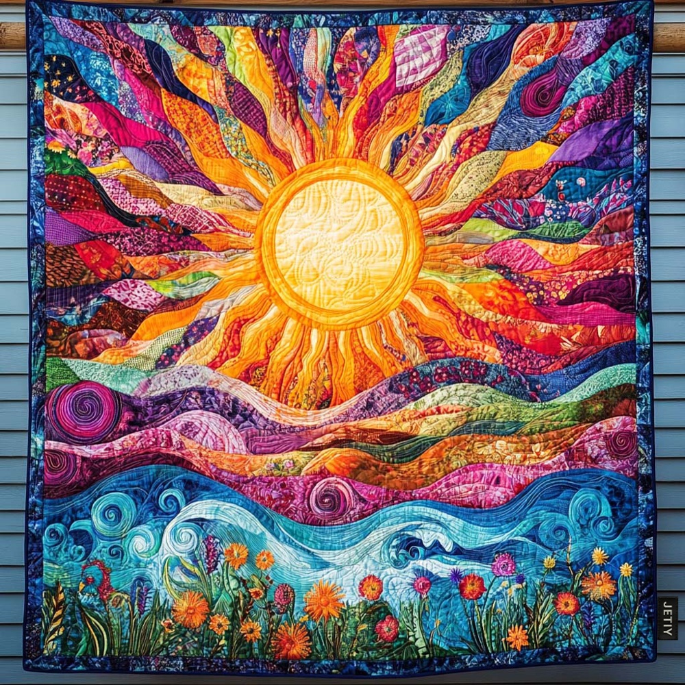Sunrise Sun Rays Bohemian Quilted Blanket Colorful Patchwork Art Throw Best Gift For Nature Lovers