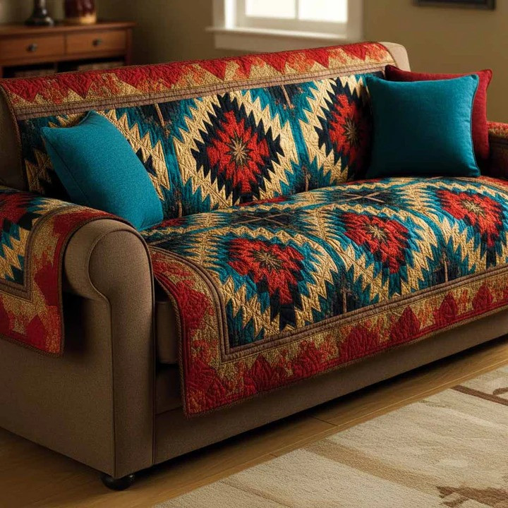 Sunset Aztec Quilted Sofa Cover Boho Southwest Tribal Furniture Protector Best Home Decor Gift