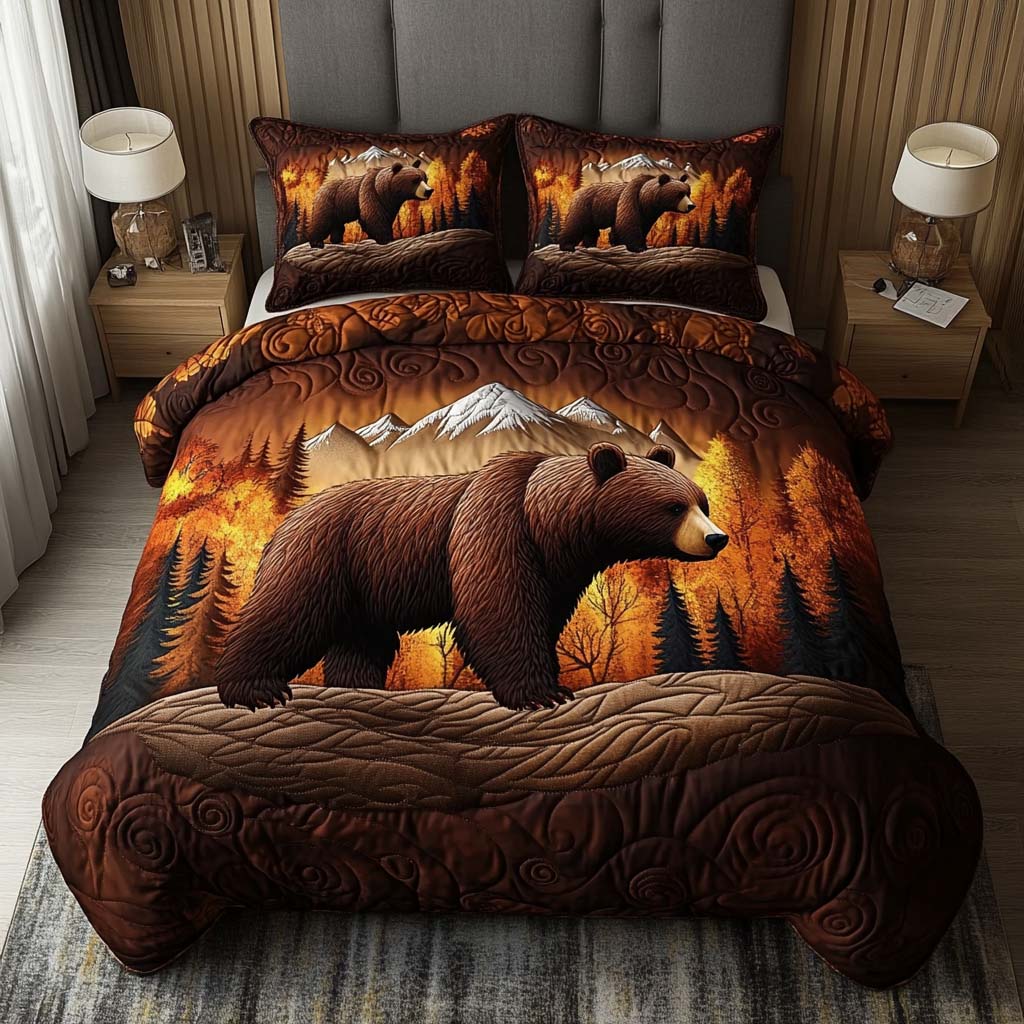 Sunset Bear Quilted Bedding Set Autumn Sheet Set Presents For Bear Lovers