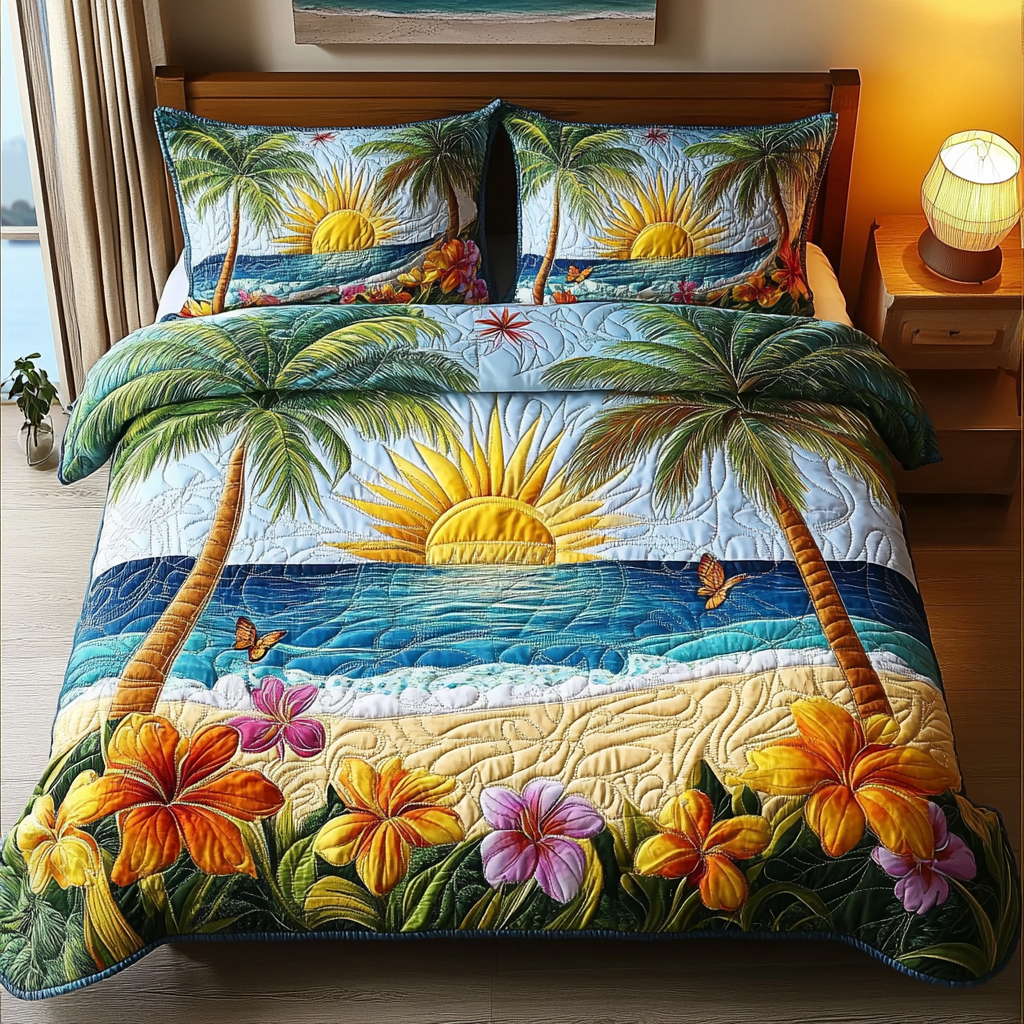 Sunset Blooms Quilted Bedding Set Luxury Bedding Set with Pillow Covers Included