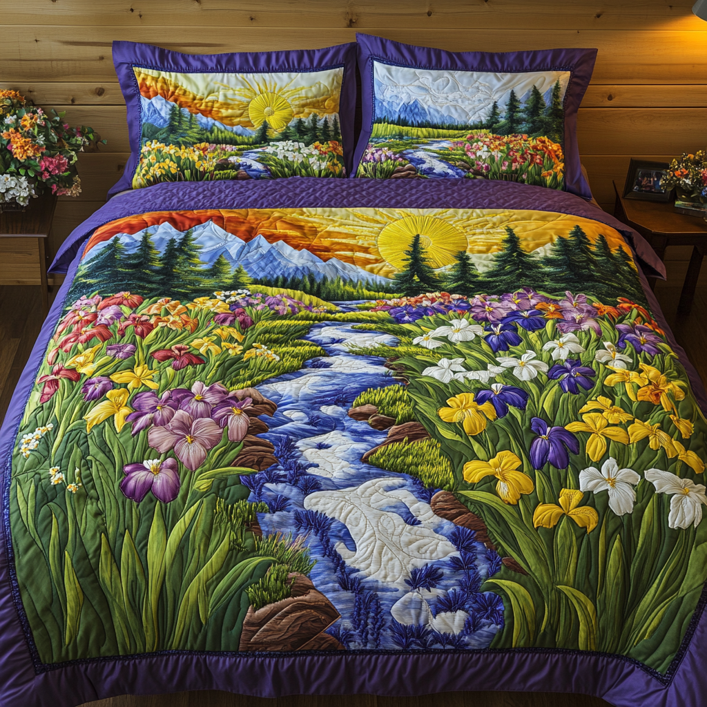 Sunset Blooms Quilted Bedding Set Soft Bed Sheet and Pillowcase Set for Relaxing Nights