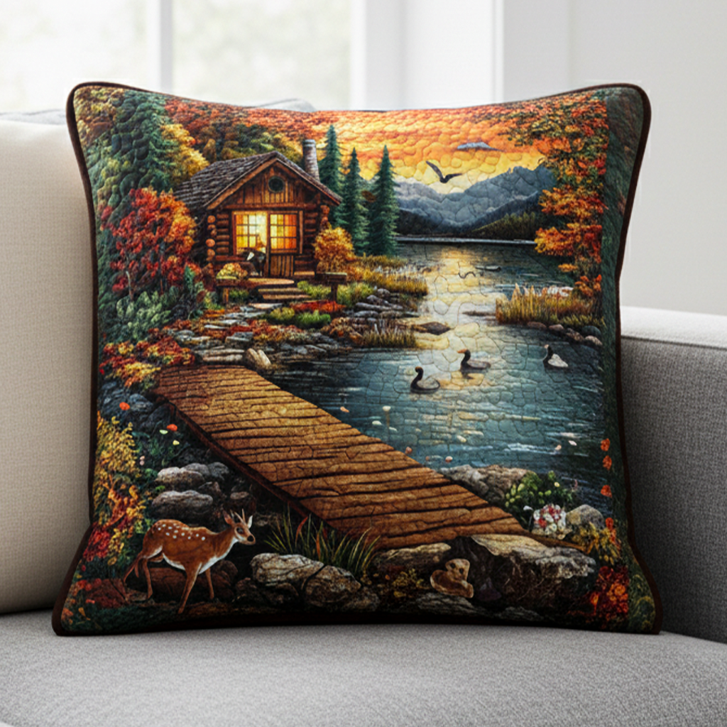 Sunset Cabin Lake Quilted Pillow Case Throw Pillow Covers Family Gift Ideas