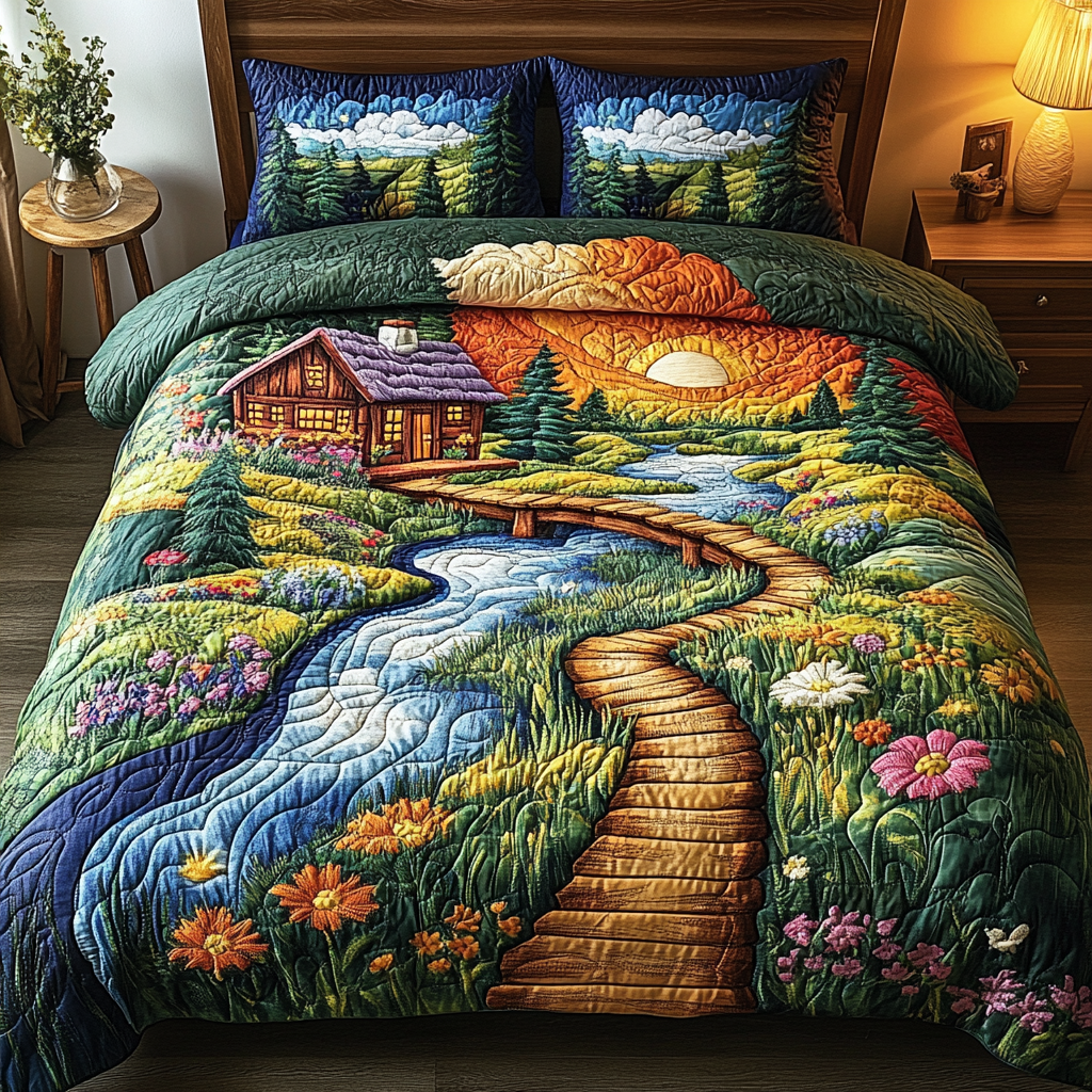Sunset Cabin Quilted Bedding Set Bed Decorations Christmas Gifts For Husband