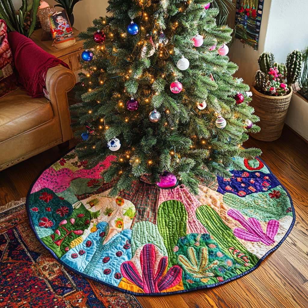 Sunset Cactus Christmas Quilted Tree Skirt Classic Quilted Tree Skirt for Traditional Holiday Look