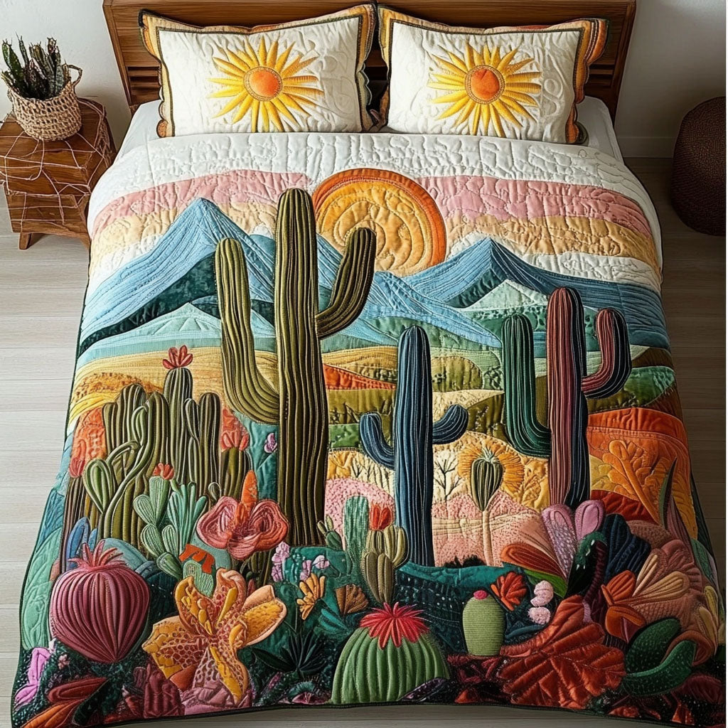 Sunset Cactus Quilted Bedding Set Christmas Bedding Duvet Cover Cactus Gifts For Ladies