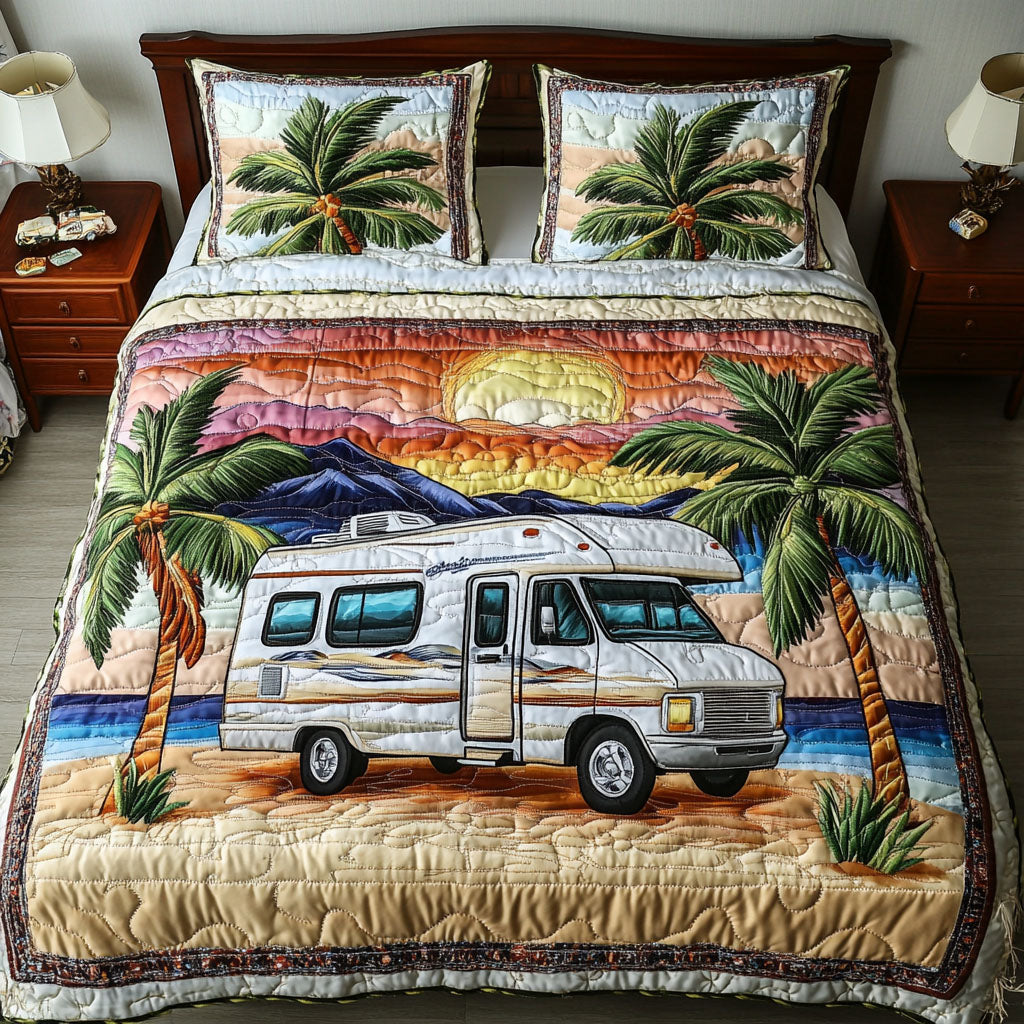 Sunset Camp Quilted Bedding Set Unique Bed Sheet Set Gift Ideas For Hikers And Campers