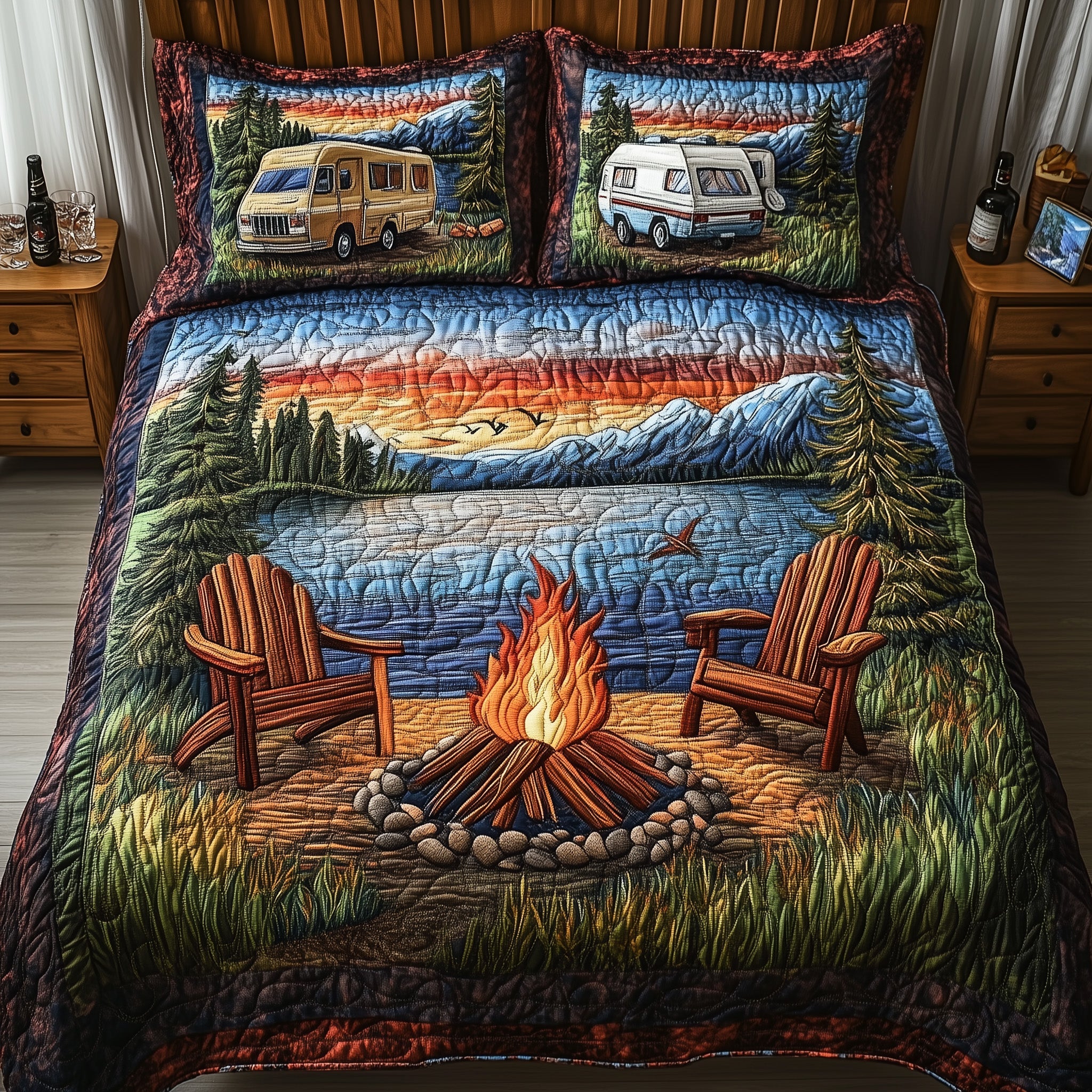 Sunset Campfire Escape Quilted Bedding Set Duvet Cover Bed Sheet Camping Gifts For Dad