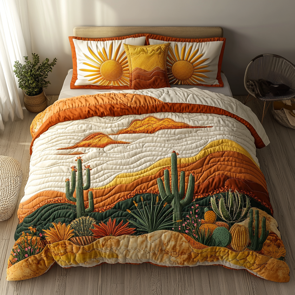 Sunset Canyon Quilted Bedding Set Bedroom Decorations Gifts For Cactus Lovers
