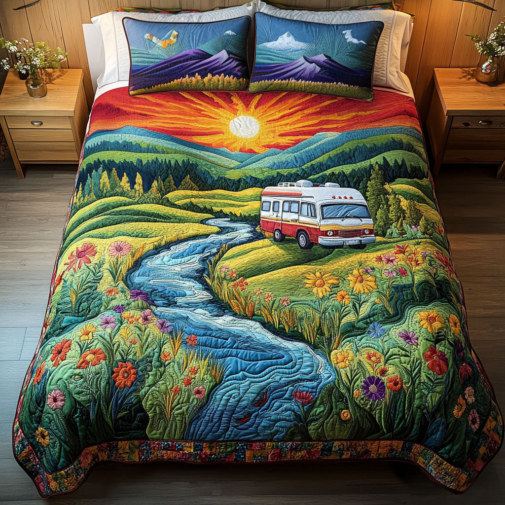 Sunset Caravan Quilted Bedding Set Bed Decor Ideas Gifts For Hippy Mom