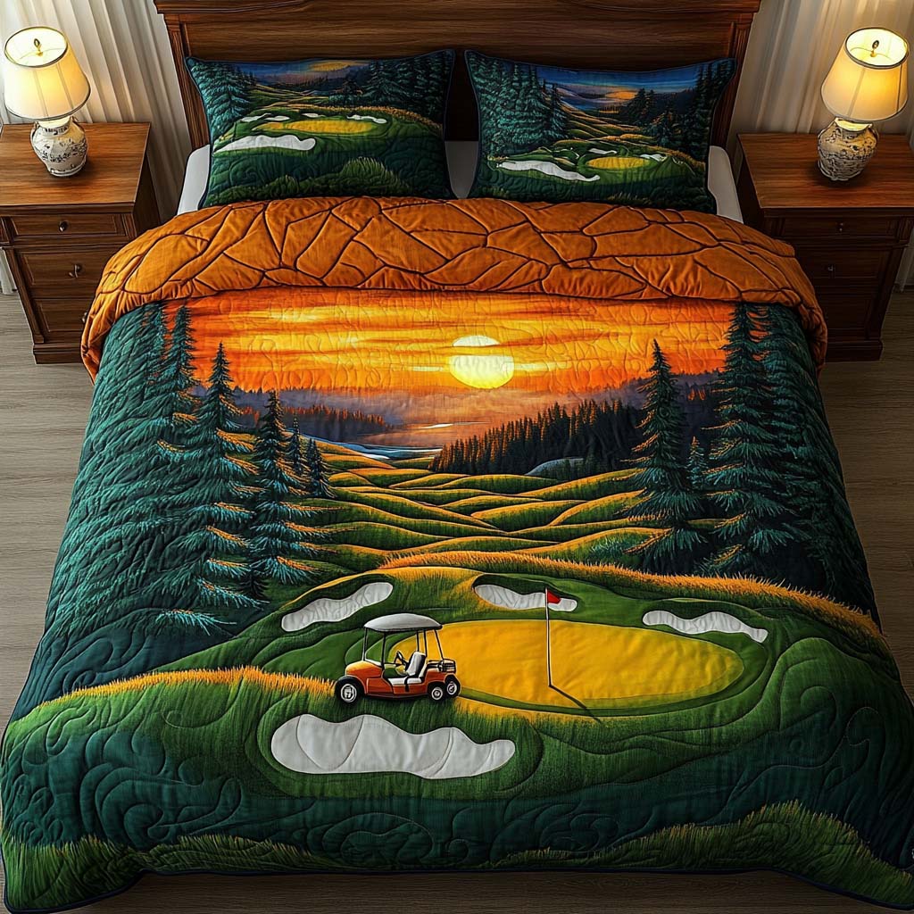 Sunset Cove Golf Course Quilted Bedding Set Cute Room Decor Golf Enthusiast Gifts