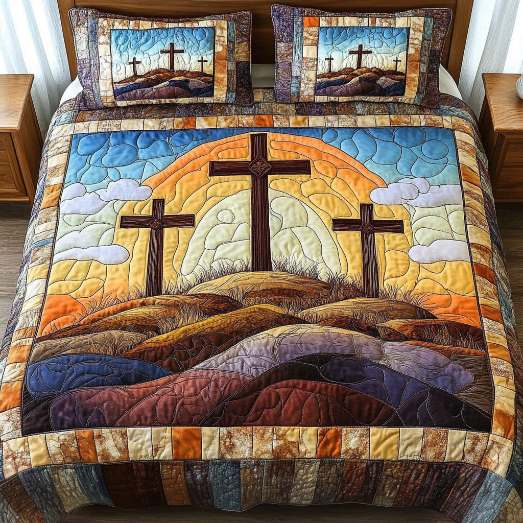 Sunset Cross Quilted Bedding Set Elegant Bed Linen Set for Cozy Nights
