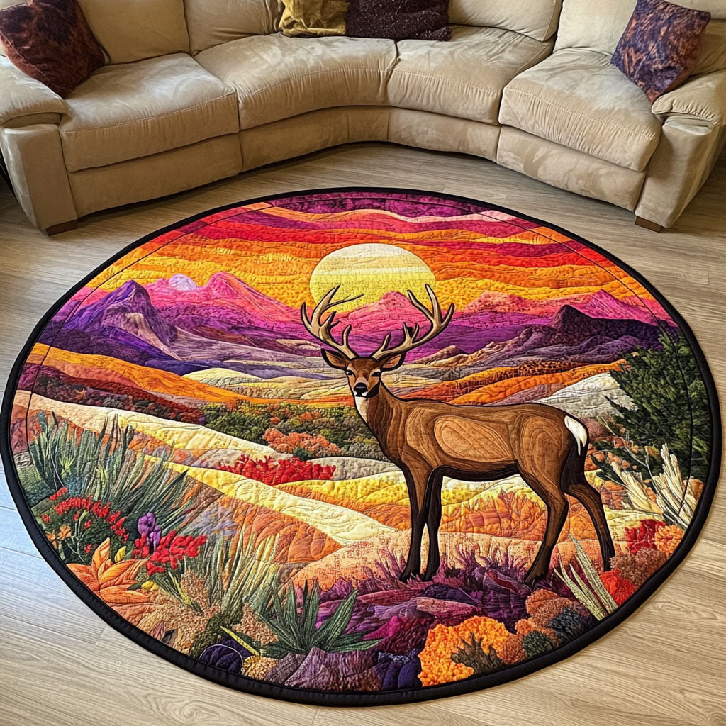 Sunset Deer Quilted Round Mat Christmas Entry Way Decor Cute Christmas Tree Skirts
