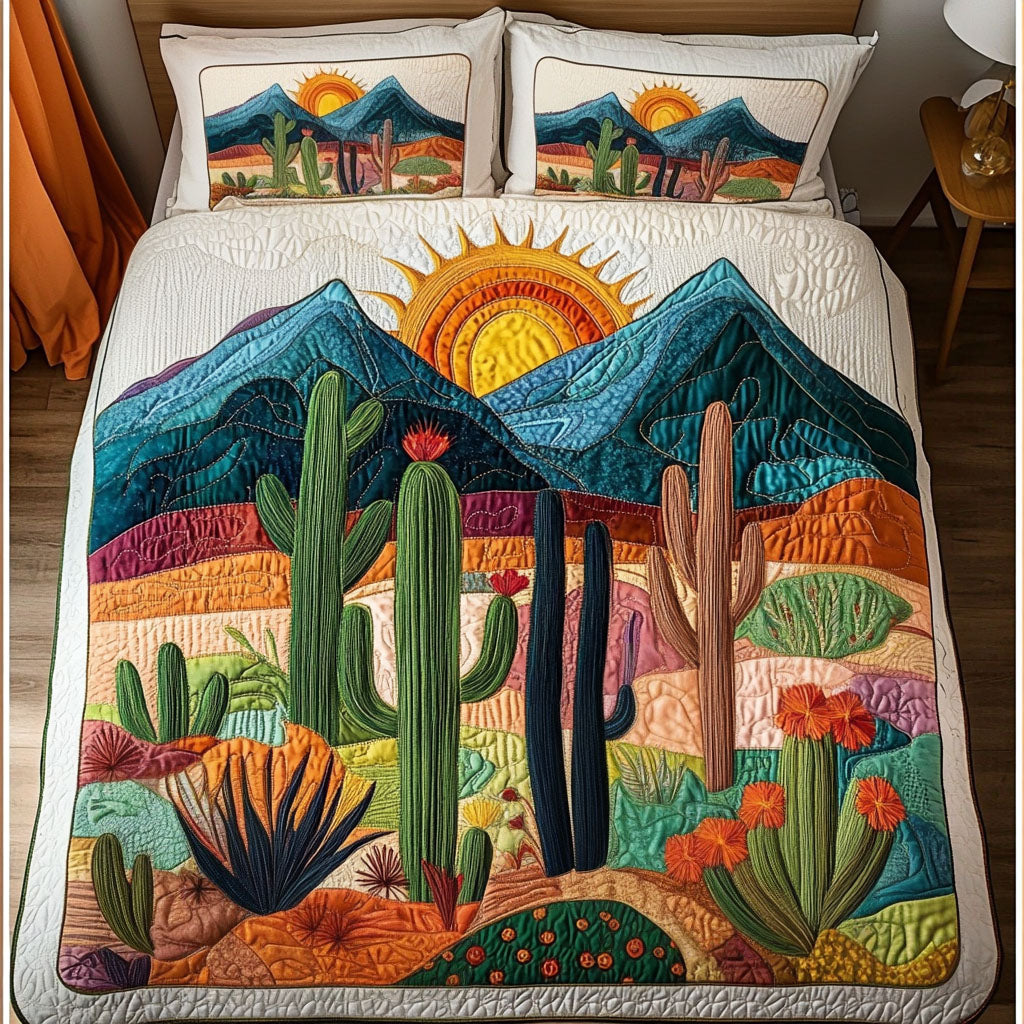 Sunset Desert Cactus Quilted Bedding Set Xmas Holiday Duvet Cover Set Best Unique Cactus Gifts