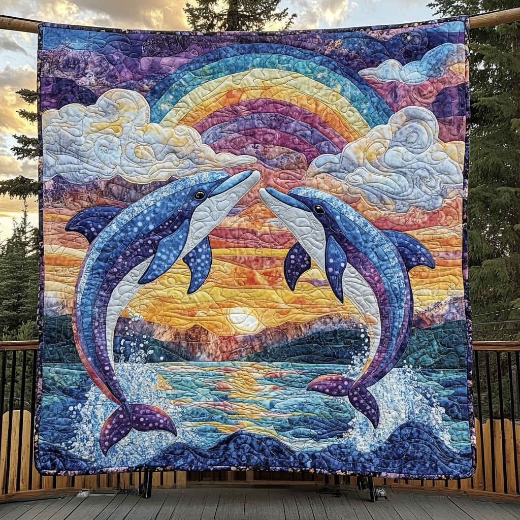 Sunset Dolphins Quilted Blanket Best Gifts For Dolphin Owners