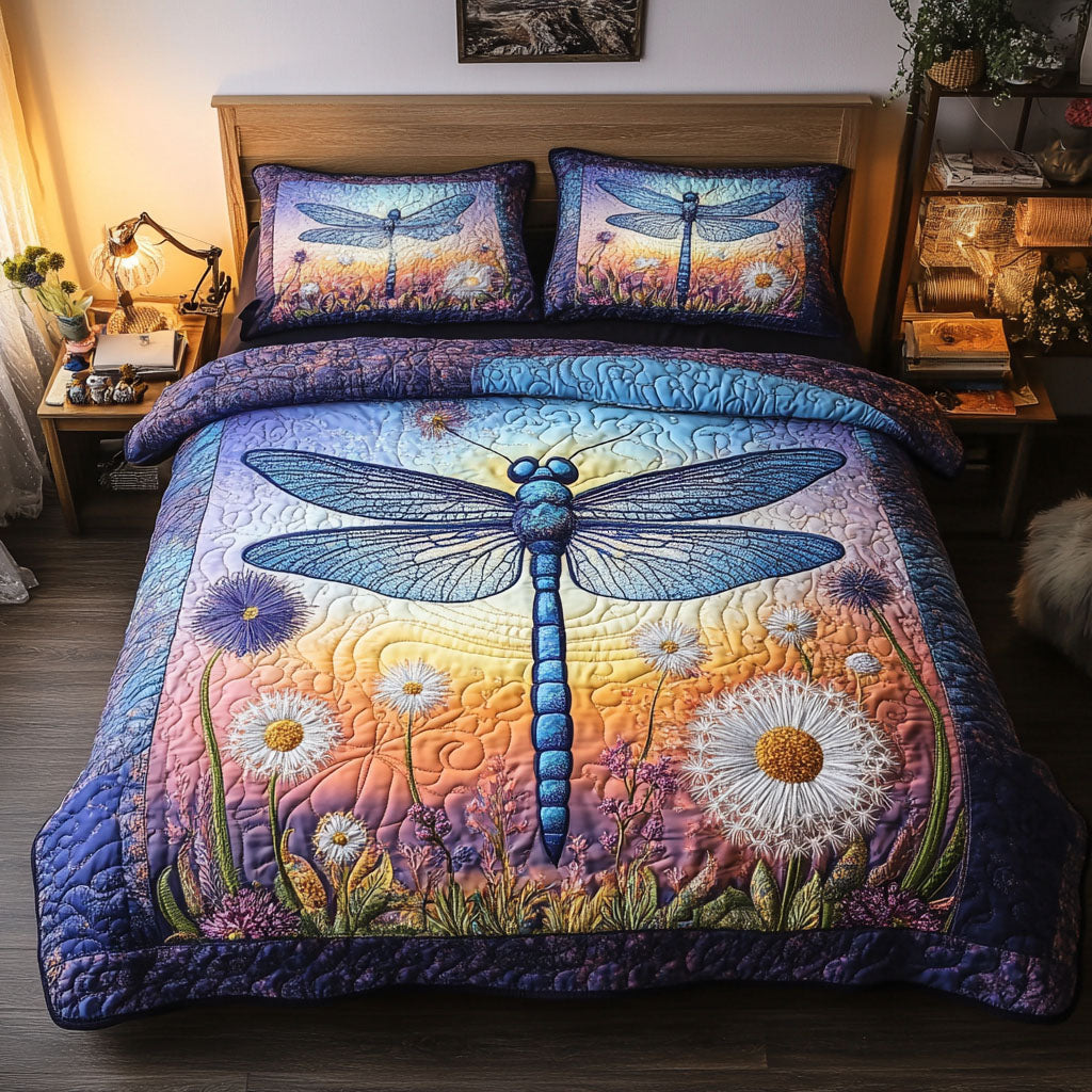 Sunset Dragonfly Quilted Bedding Set Cute Bedroom Decor Presents For Dragonfly Lovers Women